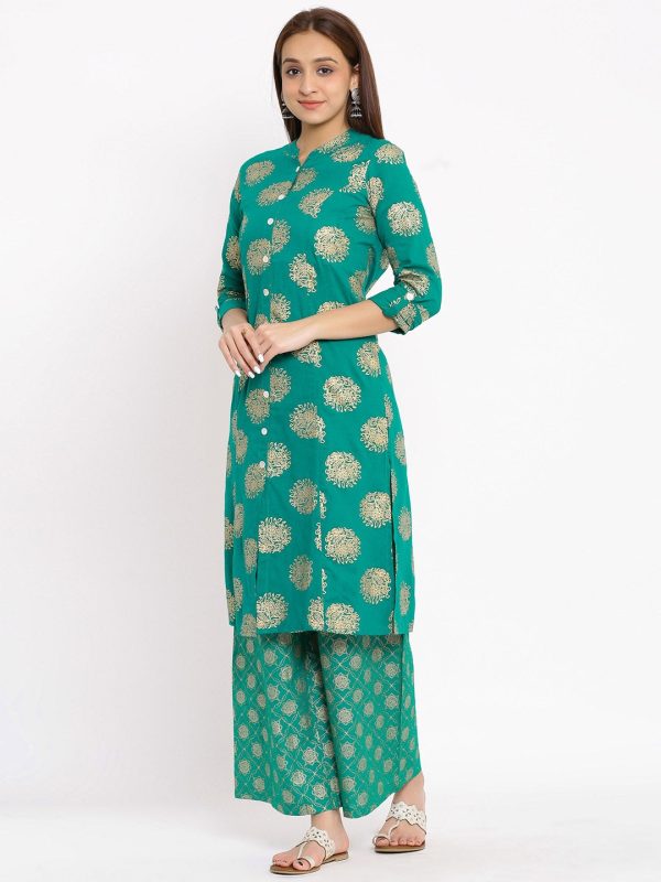 HERE&NOW Green Mandarin Collar Ethnic Motifs Printed A-Line Kurta Online Hot Sale