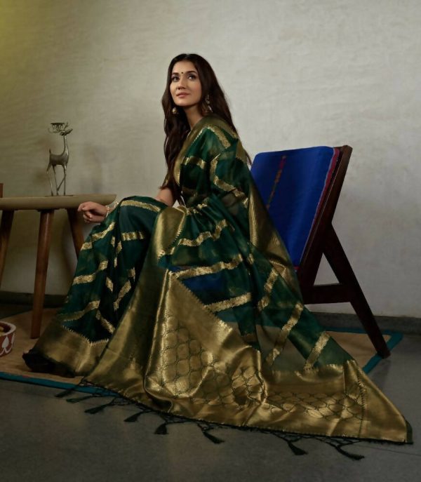 Glamorous Designer Stone Green Color Organza Silk Saree With Weaving Work - Yomika Fashions Sale