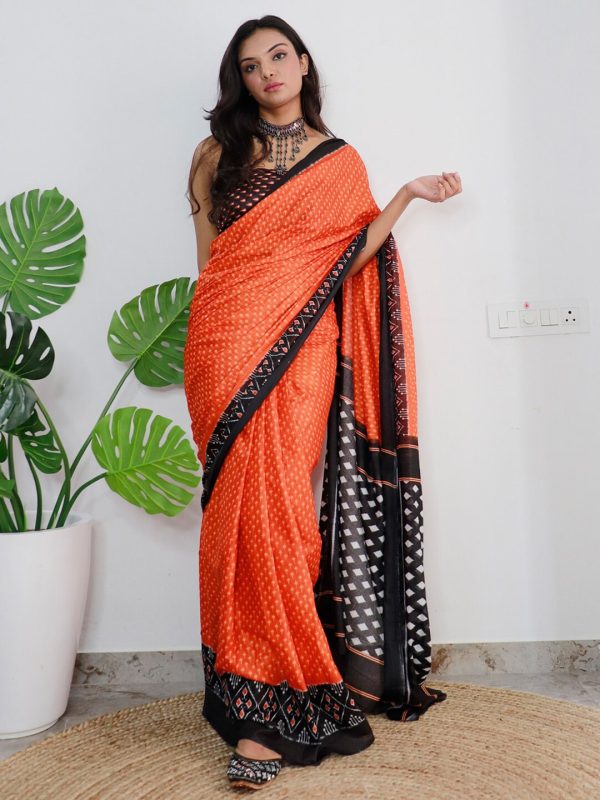 Saree Mall Orange & Black Ethnic Motifs Printed Pure Cotton Sarees For Cheap