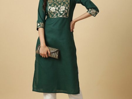 HERE&NOW Green Floral Yoke Design Gotta Patti Kurta Discount