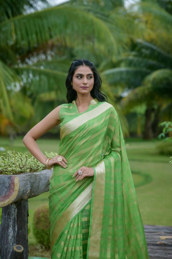 Vishnu Weaves Women s Green Organza Silk Zari Woven Saree with Blouse Online now