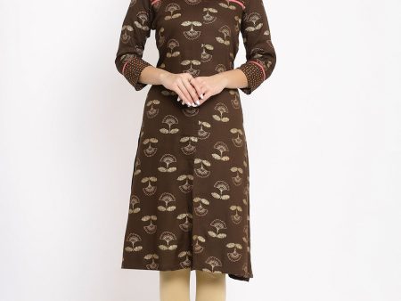 HERE&NOW Brown & Beige Mandarin Collar Floral Printed Straight Kurta on Sale