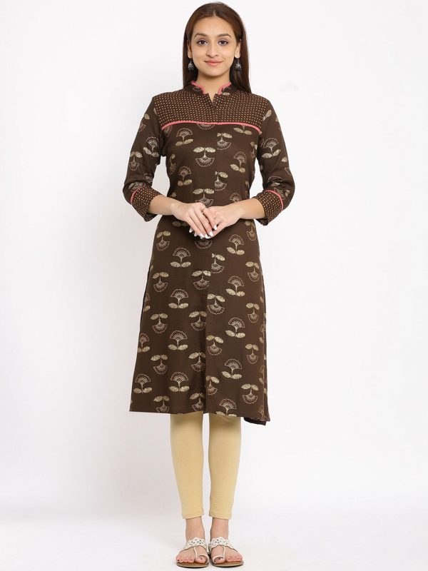 HERE&NOW Brown & Beige Mandarin Collar Floral Printed Straight Kurta on Sale