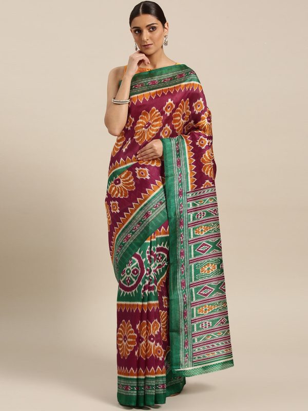 Saree Mall Magenta & Green Printed Bhagalpuri Saree on Sale