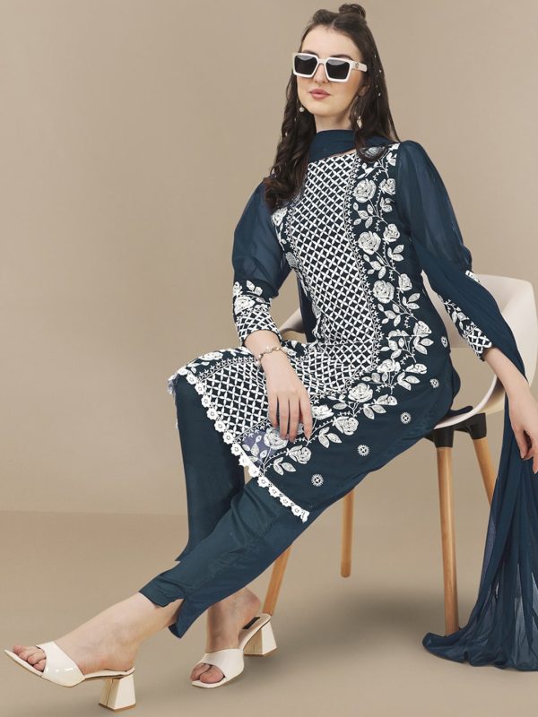 HERE&NOW Floral Embroidered Chikankari Kurta with Trousers & Dupatta Hot on Sale