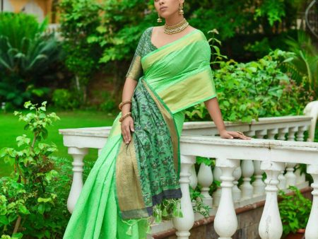 Vishnu Weaves Women s Green Linen Cotton Bandhani Woven Saree with Blouse Cheap