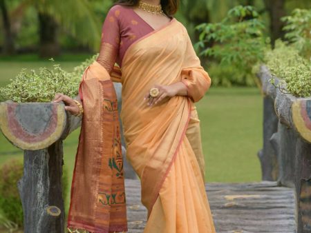 Vishnu Weaves Women s Orange Cotton Silk Zari Woven Saree with Blouse For Sale