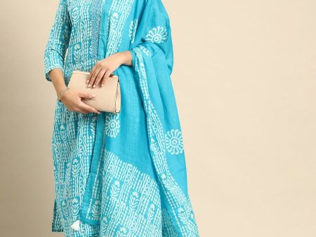 Anouk Blue & White Ethnic Motifs Print Mirror Work Cotton Straight Kurta Trousers Dupatta Online Sale