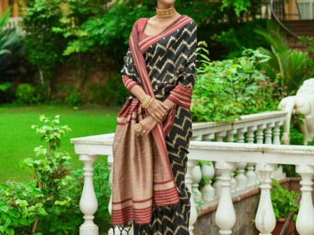 Vishnu Weaves Women s Black Handloom Raw Silk Zari Woven Saree with Blouse For Sale