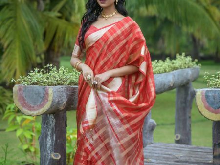 Vishnu Weaves Women s Red Organza Silk Zari Woven Saree with Blouse Cheap