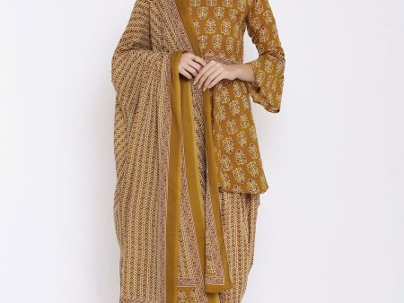 HERE&NOW Mustard Yellow Floral Printed A-Line Kurta with Dhoti Pants & With Dupatta Sale