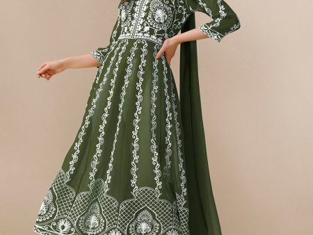 HERE&NOW Green & White Ethnic Motifs Embroidered Chikankari Kurta & Dupatta Cheap