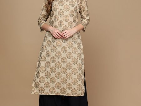 HERE&NOW Beige & Brown Ethnic Motifs Embroidered Pure Cotton Straight Kurta Fashion