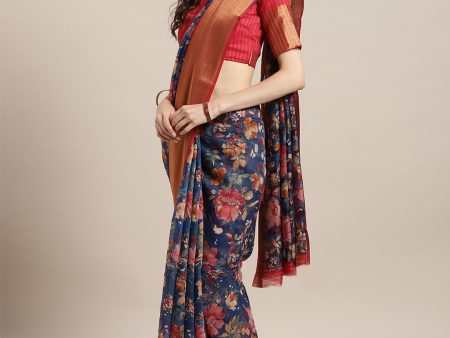 Saree Mall Navy Blue & Red Linen Blend Printed Saree For Discount