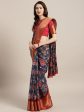 Saree Mall Navy Blue & Red Linen Blend Printed Saree For Discount