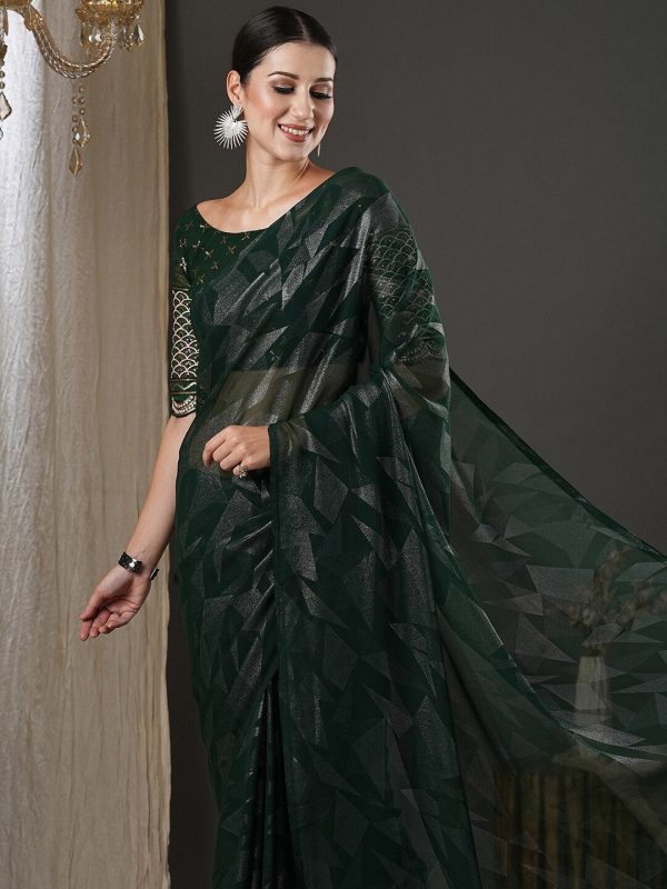 Saree Mall Green Abstract Printed Pure Georgette Saree on Sale