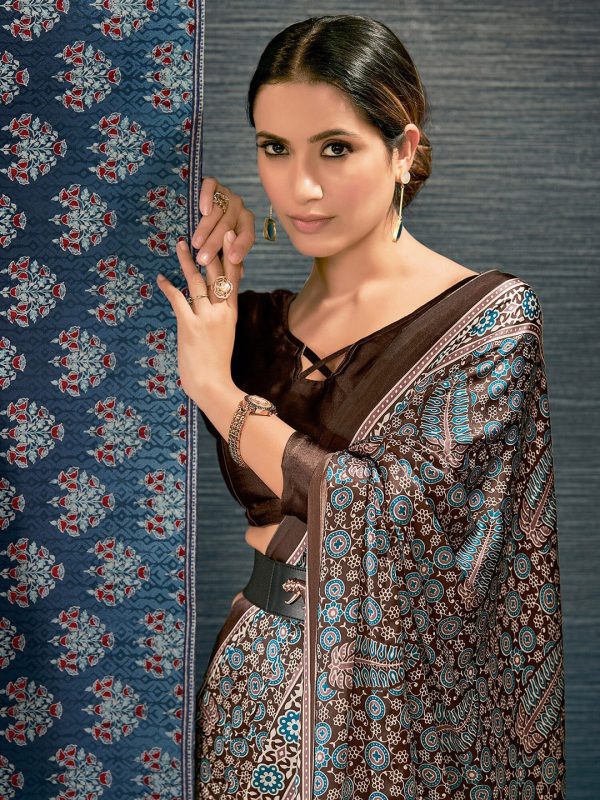 Saree Mall Brown & Blue Ethnic Motifs Printed Pure Crepe Block Print Saree on Sale