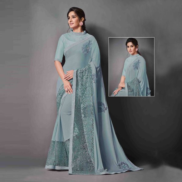 Teal Lycra Raw Silk Sequins Embroidery, Applique Work Saree - Norita Eileen Online