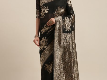 Saree Mall Black Floral Linen Blend Banarasi Saree Supply