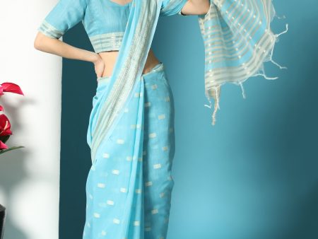 Vishnu Weaves Women s Sky Blue Lucknowi Cotton Chikankari Woven Saree with Blouse Online Hot Sale