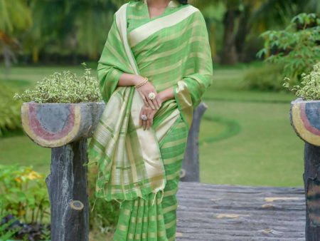 Vishnu Weaves Women s Green Organza Silk Zari Woven Saree with Blouse Online now