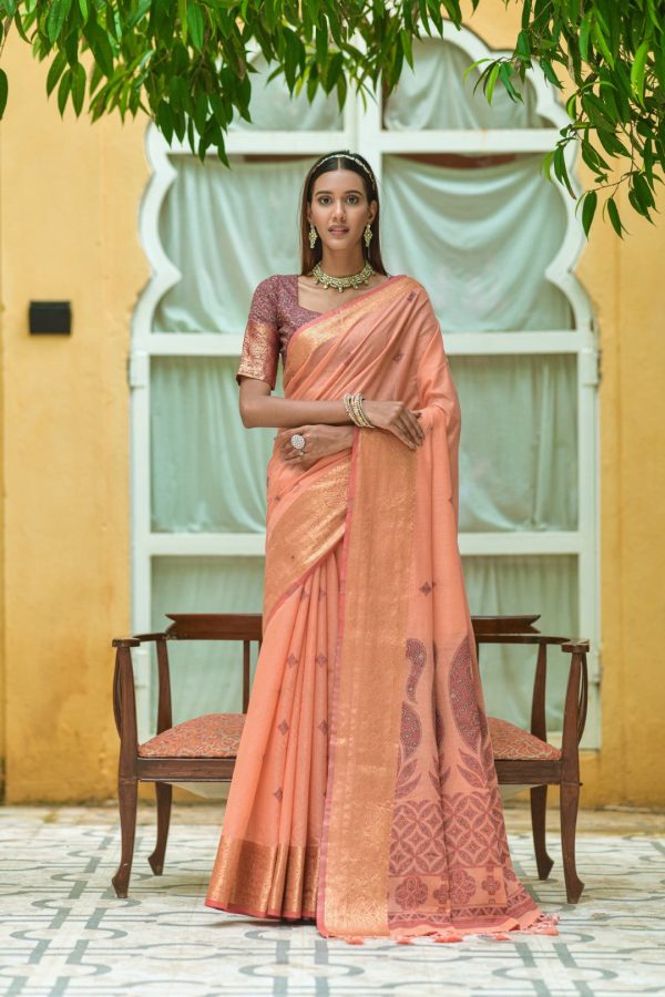 Vishnu Weaves Women s Orange Pure Cotton Zari Woven Saree with Blouse Online now