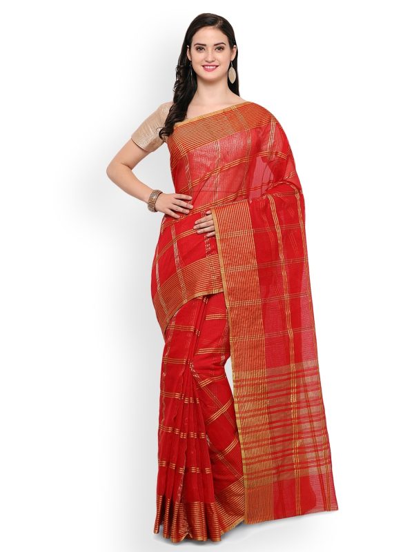 Saree Mall Red Art Silk Checked Bhagalpuri Saree Cheap