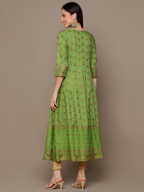 HERE&NOW Green & Maroon Ethnic Motifs Printed A-Line Kurta on Sale