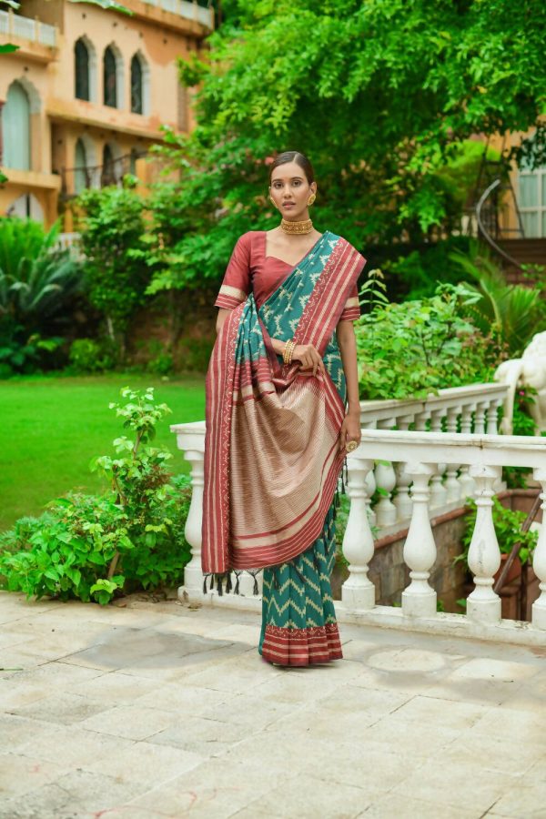 Vishnu Weaves Women s Teal Handloom Raw Silk Zari Woven Saree with Blouse For Cheap