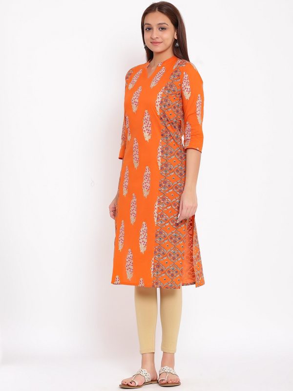 HERE&NOW Orange & White Ethnic Motifs Printed Straight Kurta Online now