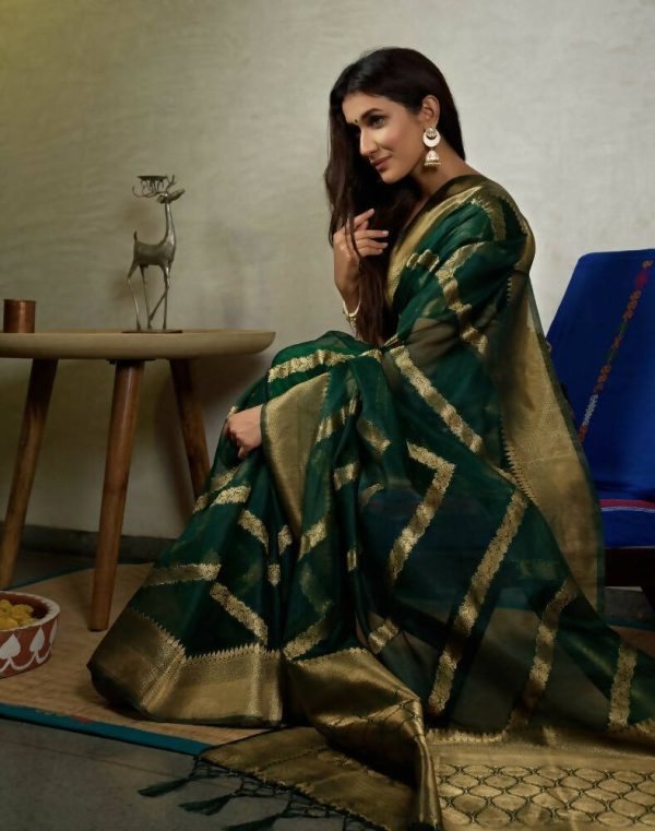 Glamorous Designer Stone Green Color Organza Silk Saree With Weaving Work - Yomika Fashions Sale