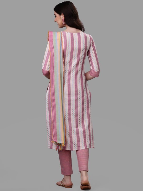 HERE&NOW Pink & White Striped Pure Cotton Kurta With Trousers & Dupatta Supply