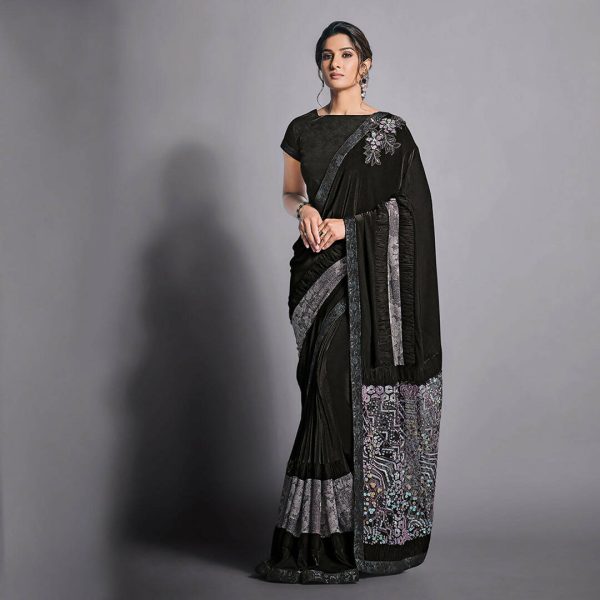 Black Lycra Raw Silk Multi-Colored Sequins Embroidery, Handwork Butta Saree - Norita Eileen For Sale