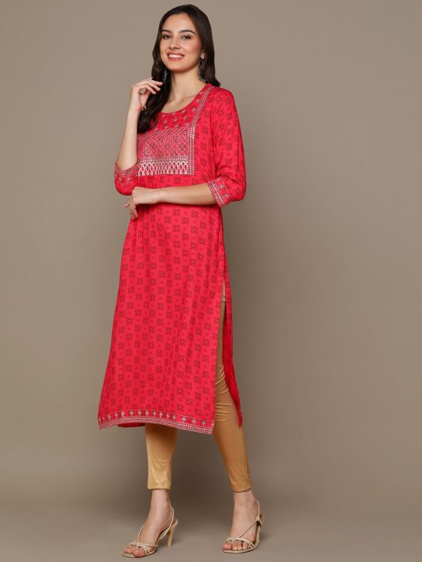 HERE&NOW Ethnic Motifs Printed Sequined Embroidered Straight Kurta For Sale