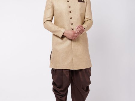 VM by Vastramay Men s Beige And Coffee Brown Polyester Lurex Blend Sherwani Set For Discount