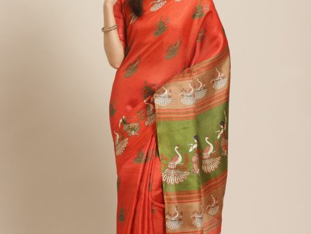 Saree Mall Rust Red & Green Printed Saree Supply