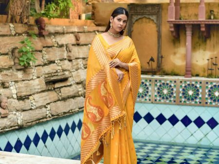 Vishnu Weaves Women s Yellow Cotton Silk Zari Woven Butta Work Saree with Blouse Discount