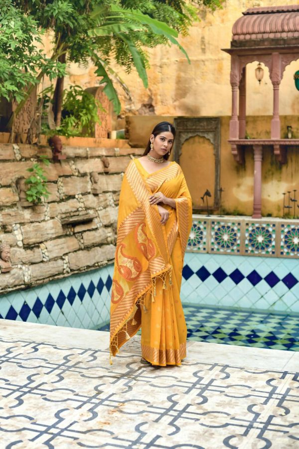 Vishnu Weaves Women s Yellow Cotton Silk Zari Woven Butta Work Saree with Blouse Discount