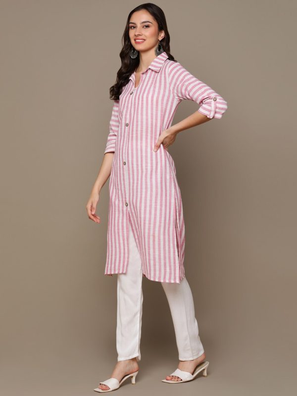 HERE&NOW Pink & White Shirt Collar Roll-Up Sleeves Striped Pure Cotton Straight Kurta For Discount