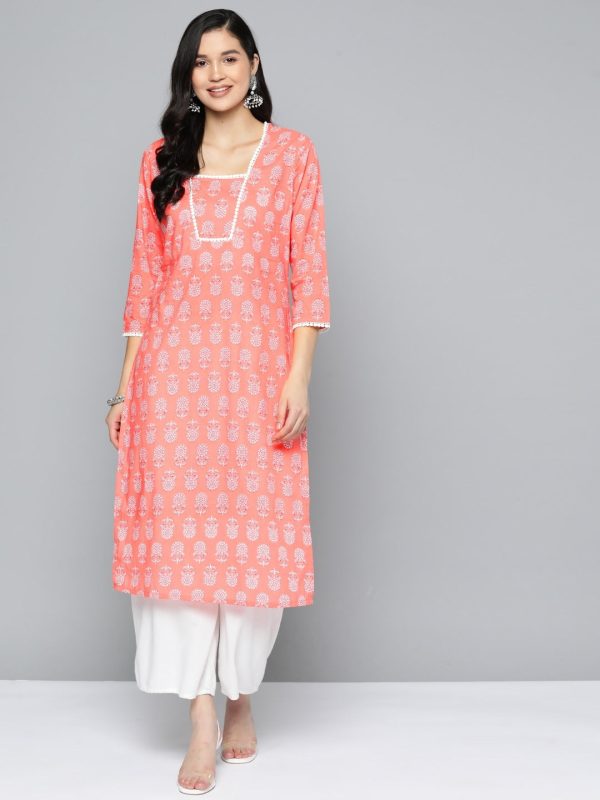 HERE&NOW Pure Cotton Floral Printed Straight Kurta Cheap