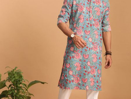 Shvaas by Vastramay Men s Aqua And White Cotton Kurta And Pyjama Set Sale