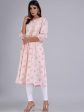 HERE&NOW Peach & White Floral Printed Tie-Up Neck Cotton A-Line Kurta For Cheap