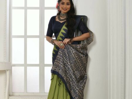 Vishnu Weaves Women s Olive Tussar Silk Temple Print Saree with Blouse Supply