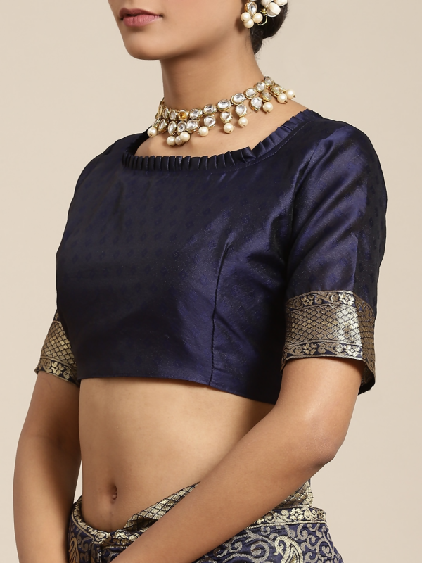 Saree Mall Navy Blue & Gold-Toned Ethnic Motifs Zari Silk Blend Banarasi Sarees Sale