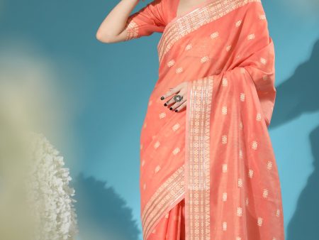 Vishnu Weaves Women s Orange Lucknowi Cotton Chikankari Woven Saree with Blouse on Sale