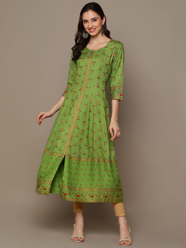 HERE&NOW Green & Maroon Ethnic Motifs Printed A-Line Kurta on Sale