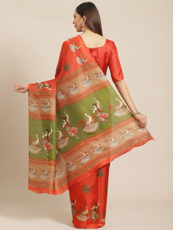 Saree Mall Rust Red & Green Printed Saree Supply