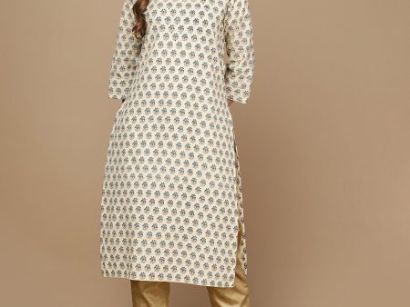 HERE&NOW Cream-Color & Teal Ethnic Motifs Printed Sequined Cotton Kurta Hot on Sale