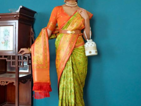 Vishnu Weaves Women s Parrot Green Patola Banarasi Silk Meenakari Zari Woven Saree with Blouse Sale