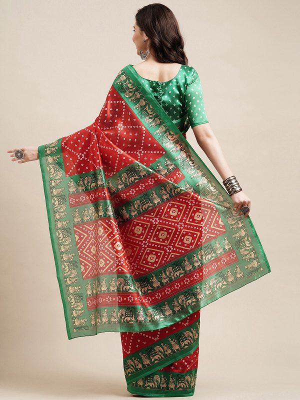 Saree Mall Red & Green Bandhani Printed Saree Supply